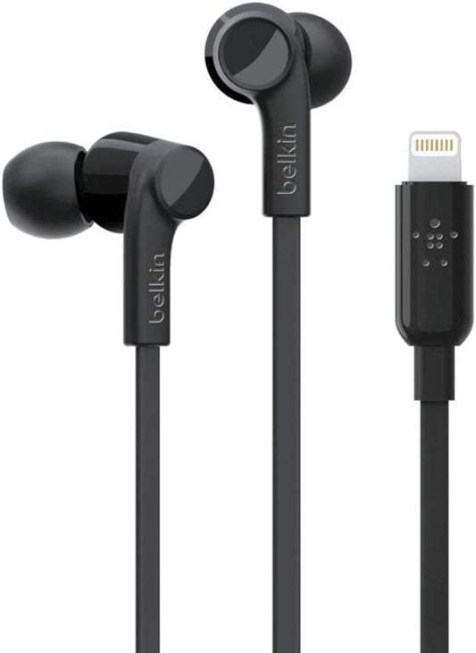 Belkin SoundForm Headphones with Lightning Connector, MFi Certified In-Ear Earphones HeadSet with Microphone, EarBuds with Water &amp; Sweat Resistant for iPhone 13, Pro, Max, 12, Mini, and More (Black) Lightning Black
