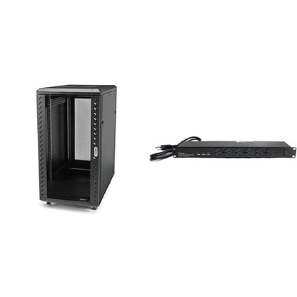StarTech.com 22U Server Rack Cabinet with Secure Locking Door & com 16 Outlet Horizontal 1U Rack Mount PDU Power Strip for Network Server Racks - Surge Protection - 120V/15A - 6ft Power Cord 22U Cabinet + Power Strip (16 Outlets)