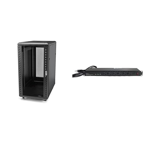 StarTech.com 22U Server Rack Cabinet with Secure Locking Door & com 16 Outlet Horizontal 1U Rack Mount PDU Power Strip for Network Server Racks - Surge Protection - 120V/15A - 6ft Power Cord 22U Cabinet + Power Strip (16 Outlets)