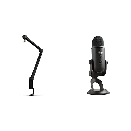 Blue Microphones Compass Premium Tube-Style Microphone Broadcast Boom Arm with Internal Springs, Black & Blue Yeti USB Microphone for PC, Podcast, Gaming, Streaming, Studio, Computer Mic - Blackout Boom Arm + Microphone