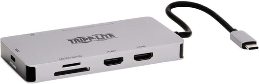 Tripp Lite USB-C Two-Monitor HDMI Laptop/Phone Docking Station, 4K @ 60 Hz (4:4:4), USB-A Hub, Gigabit Network Port, SD &amp; MicroSD Memory Card, 100W USB-C Charging, 3-Year Warranty (U442-DOCK8G-GG) Two-Monitor HDMI Ethernet USB Hub