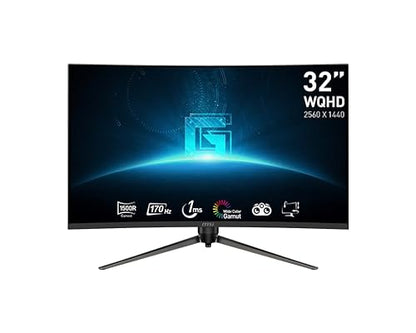 MSI G32CQ5P, 32 Gaming Monitor, 2560 x 1440 (QHD) Curved Gaming Monitor, 1 ms, 170Hz, FreeSync Premium, 1500R, HDMI, DisplayPort, Tilt, Swivel, Pivot and Height Adjustable.