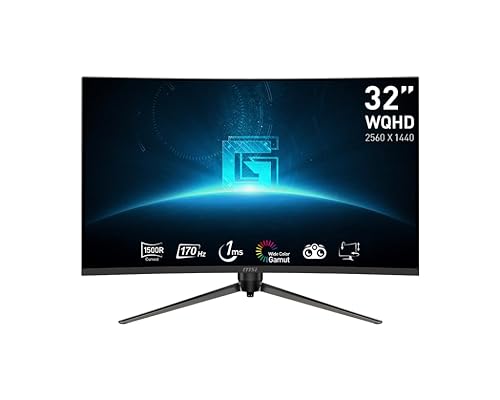 MSI G32CQ5P, 32 Gaming Monitor, 2560 x 1440 (QHD) Curved Gaming Monitor, 1 ms, 170Hz, FreeSync Premium, 1500R, HDMI, DisplayPort, Tilt, Swivel, Pivot and Height Adjustable.