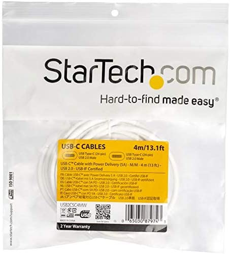 StarTech.com USB C to USB C Cable - 13 ft / 4m - 5A PD - M/M - White - USB 2.0 - USB-IF Certified - USB Type C Cable - USB C Charging Cable White 13 ft/ 4 m