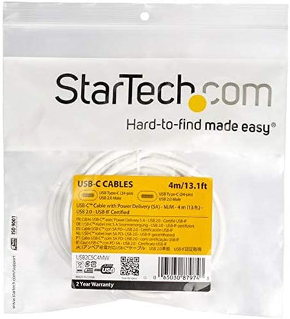 StarTech.com USB C to USB C Cable - 13 ft / 4m - 5A PD - M/M - White - USB 2.0 - USB-IF Certified - USB Type C Cable - USB C Charging Cable White 13 ft/ 4 m
