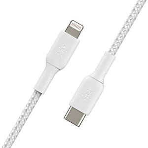 Belkin BoostCharge Nylon Braided USB C to Lightning Cable 3.3ft/1M - MFi Certified 18W Power &amp; BoostCharge USB C 30W GaN Wall Charger - iPhone Charger w/Power Delivery - iPhone Charger White 3.3 ft Braided USB C Cable + 30W Charger