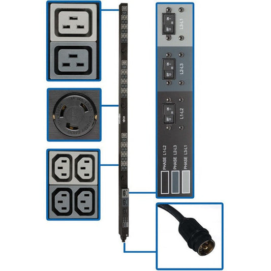 Tripp Lite by Eaton 14.4kW 208V 3-Phase Basic PDU - 45 Outlets (36 C13, 3 C19, 3 L6-30R), Hubbell 50A CS8365C Input, 6 ft. Cord, 70 in. 0U - Basic - Hubbel CS8365C 50A - 36 x IEC 60320 C13, 6 x IEC 60320 C19, 3 x NEMA L6-30R - 230 V AC - 0U