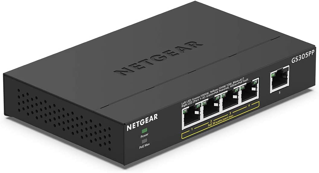 NETGEAR 5-Port Gigabit Ethernet Unmanaged PoE Switch (GS305PP) - with 4 x PoE+ @ 83W, Desktop or Wall Mount