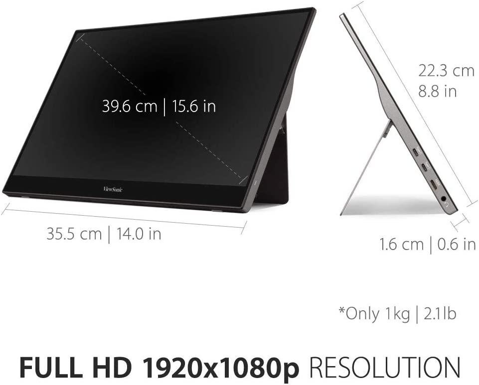 ViewSonic 15.6 Inch 1080p Portable Monitor with IPS Touchscreen, 2 Way Powered 60W USB C, Eye Care, Dual Speakers, Built in Stand with Cover (TD1655) 15.6 Inch Touch