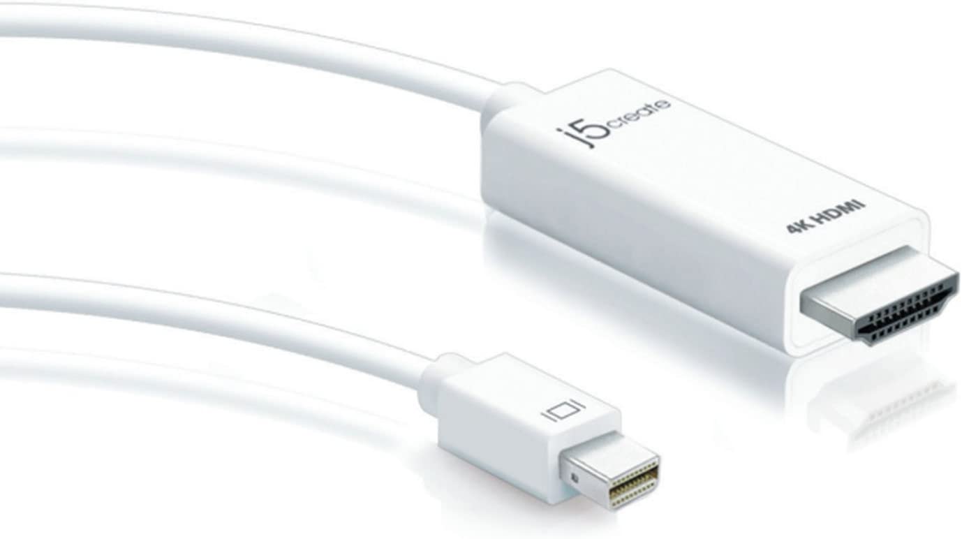 J5 create Mini DisplayPort to 4K HDMI Cable by j5create | Supports up to 4K x 2k @ 30Hz &amp; 3D Video formats Over HDMI | 6 FT (White) Adapter | Compatible with Windows, Mac, Laptops, etc