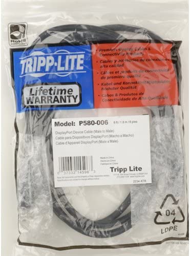 Tripp Lite DisplayPort Cable with Latches (M/M), DP to DP, 4K x 2K, 6-ft. (P580-006), Black 6' Cable