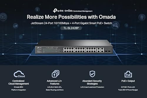 TP-Link JetStream 24-Port 10/100Mbps + 4-Port Gigabit Smart Switch with 24-Port PoE+ (TL-SL2428P) - SDN Integrated, Cloud Access & Omada App 28 Port w/ 24 PoE+ Port