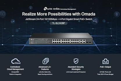 TP-Link JetStream 24-Port 10/100Mbps + 4-Port Gigabit Smart Switch with 24-Port PoE+ (TL-SL2428P) - SDN Integrated, Cloud Access & Omada App 28 Port w/ 24 PoE+ Port