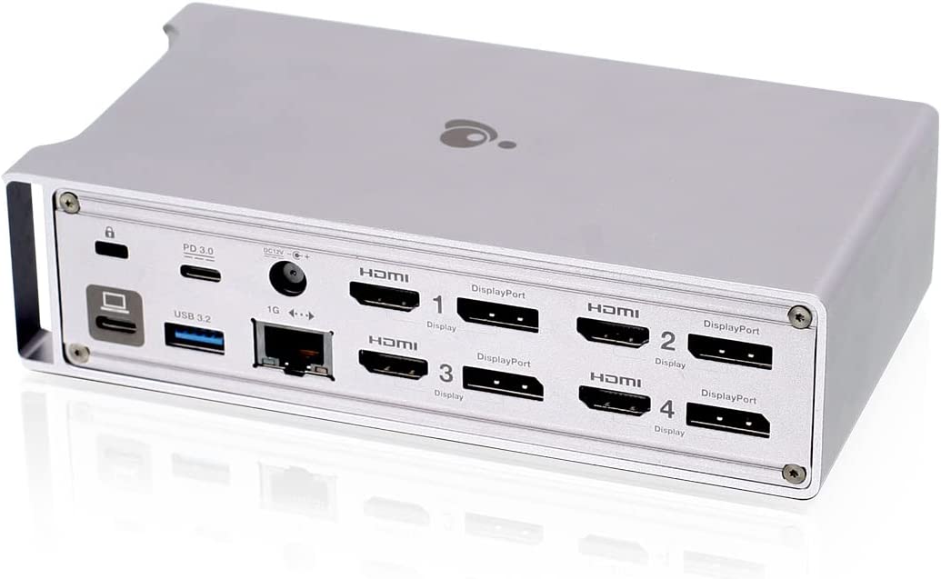 IOGEAR Dock Pro Universal 4K Quad Dock, Displaylink, 4x HDMI and Displayport, 3x USB-A Gen 2, 1x USB-A QC 3.0, 1x USB-C Gen 2 Data, 3.5mm combo audio port, 100W PD Passthrough, 120W adapter - GUD3C4K4