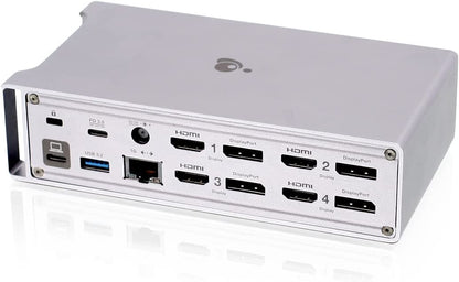 IOGEAR Dock Pro Universal 4K Quad Dock, Displaylink, 4x HDMI and Displayport, 3x USB-A Gen 2, 1x USB-A QC 3.0, 1x USB-C Gen 2 Data, 3.5mm combo audio port, 100W PD Passthrough, 120W adapter - GUD3C4K4