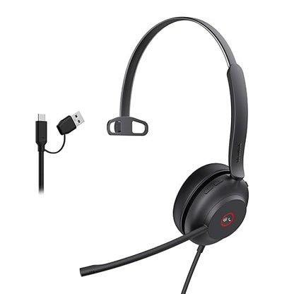 Yealink USB Wired Mono Headset,UH37 Computer Headset with Noise Cancelling Microphone,USB-A & USB-C Call Center Headset for Teams,Zoom,Computer PC Laptop