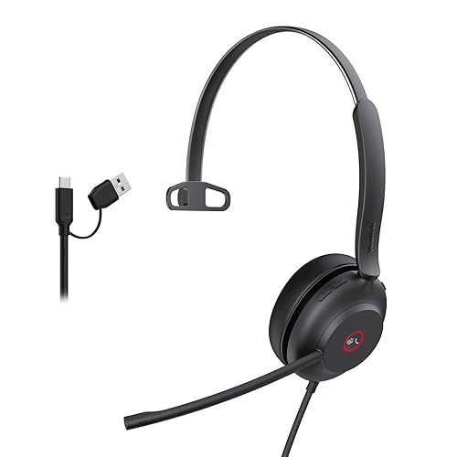 Yealink USB Wired Mono Headset,UH37 Computer Headset with Noise Cancelling Microphone,USB-A & USB-C Call Center Headset for Teams,Zoom,Computer PC Laptop