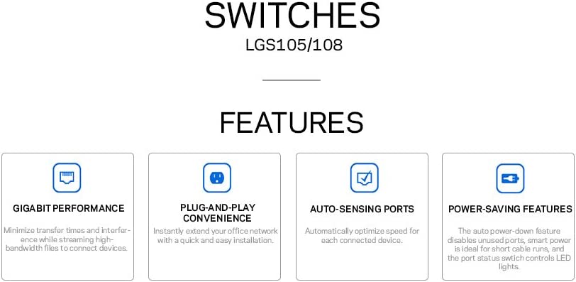 Linksys LGS108: 8-Port Business Desktop Gigabit Ethernet Unmanaged Switch, Computer Network, Wired Connection Speed up to 1,000 Mbps (Black, Blue) LGS108 - 8-Port - Unmanaged