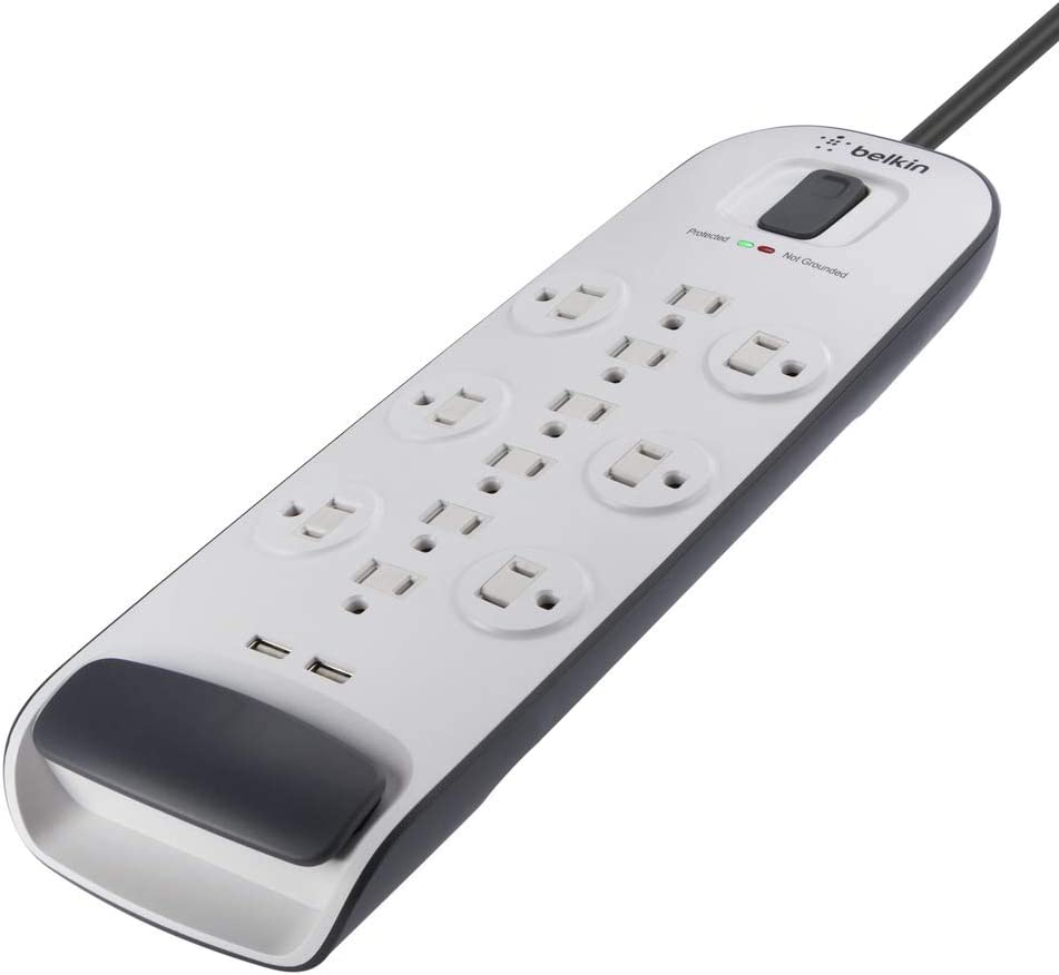 Belkin USB Power Strip Surge Protector - 12 AC Multiple Outlets &amp; 2 USB Ports - 6 ft Long Flat Plug Extension Cord for Home, Office, Travel, Computer Desktop &amp; Charging Brick - White (3,996 Joules) 1 Pack Power Strip