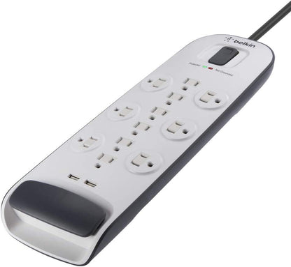 Belkin USB Power Strip Surge Protector - 12 AC Multiple Outlets &amp; 2 USB Ports - 6 ft Long Flat Plug Extension Cord for Home, Office, Travel, Computer Desktop &amp; Charging Brick - White (3,996 Joules) 1 Pack Power Strip