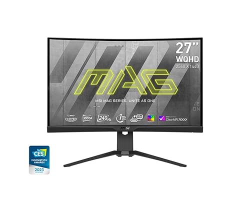 MSI MAG275CQRXF, 27 Rapid VA Gaming Monitor, 2560 x 1440 (QHD) Curved Gaming Monitor, 1 ms, 240Hz, FreeSync, HDR400, 1000R, HDMI, DisplayPort, Tilt and Height Adjustable.