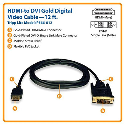 Tripp Lite HDMI to DVI Cable, Digital Monitor Adapter Cable (HDMI to DVI-D M/M) 12-ft.(P566-012) 12-feet