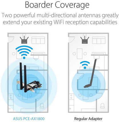 ASUS AX1800 PCIe WiFi Adapter (PCE-AX1800) - WiFi 6, Bluetooth 5.2, Ultra-Low Latency Wireless, 2 External Antenna, Supporting Total Data Rate up to 1800Mbps, WPA3 Network Security, OFDMA and MU-MIMO