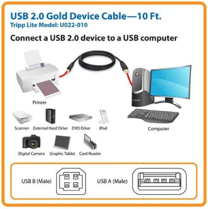 Tripp Lite USB 2.0 High-Speed Cable, Type-A to Type-B (M/M), 10-ft. (U022-010), Black 10 ft.