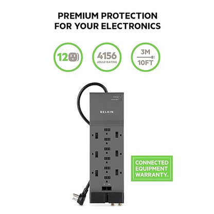 Belkin 12-Outlet Power Strip Surge Protector with 10-Foot Cord and Telephone, Ethernet, Coaxial Protection, BE112234-10, Gray - 3 Pack