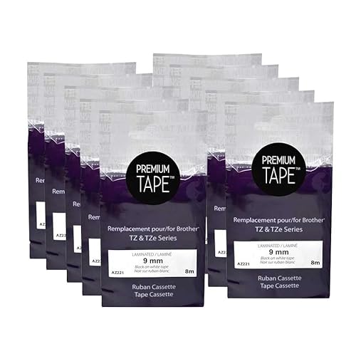 Premium Tape Tape Cassette - Replacement for Brother TZ-221 - Black on White Tape - 0,35'' x 26,2' (9mm x 8m) - Pack of 10