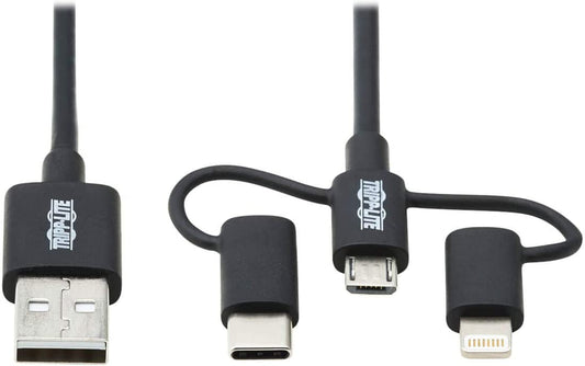 Tripp Lite 3 in 1 Multi Charging USB Cable, USB-A to Lightning, USB Micro B, and USB-C Universal All in One Charger Cable, Sync and Charge Cord, 6 ft. (M101-006-LMC-BK)