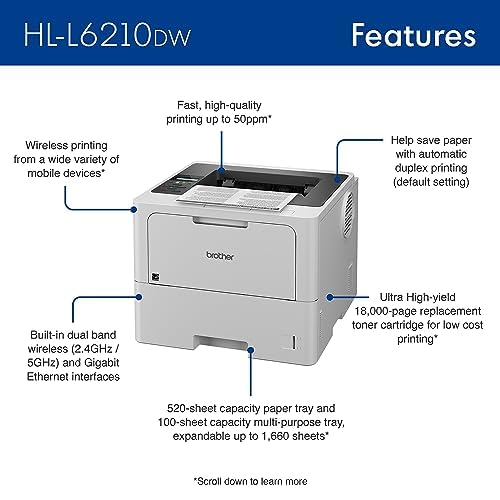 Brother HL-L6210DW Business Monochrome Laser Printer with Large Paper Capacity, Wireless Networking, and Duplex Printing New Model: HLL6210DW