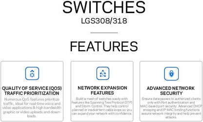 Linksys LGS308: 8-Port Business Gigabit Ethernet Smart Switch, Computer Network, Enhanced Security, Enhanced QoS (Black, Blue)