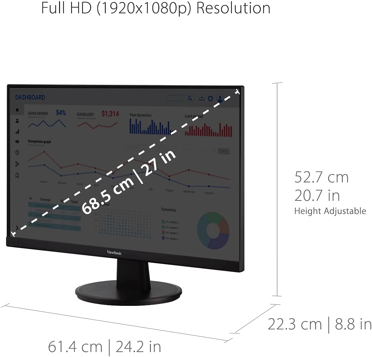 ViewSonic VA2747-MHJ 27 Inch Full HD 1080p Monitor with Advanced Ergonomics, Ultra-Thin Bezel, Adaptive Sync, 75 Hz, Eye Care, HDMI, VGA Inputs for Home and Office 27-Inch Ergonomic