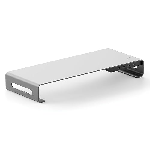 Mobile Pixels Aluminum Monitor Riser with Docking Hub, USB-C Port, PD Port, Ethernet, HDMI, 3 USB 3.0 for PC, TV, Tablet, Laptop, Space Grey