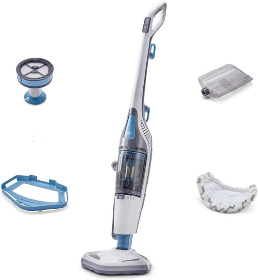 BLACK+DECKER Mop &amp; Upright Dry Washable HEPA Filter, Powerful 1,000 Steam Boiler &amp; 500 Watt Vacuum, Corded for Unlimited Runtime, White (BDXSMV190G)
