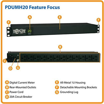 Tripp Lite Metered PDU, 20A, 12 Outlets (5-15/20R), 120V, L5-20P / 5-20P, 110-127V Input, 15 ft. Cord, 1U Rack-Mount Power, 2 Year Warranty (PDUMH20) black Metered (15 ft. Cord) PDU
