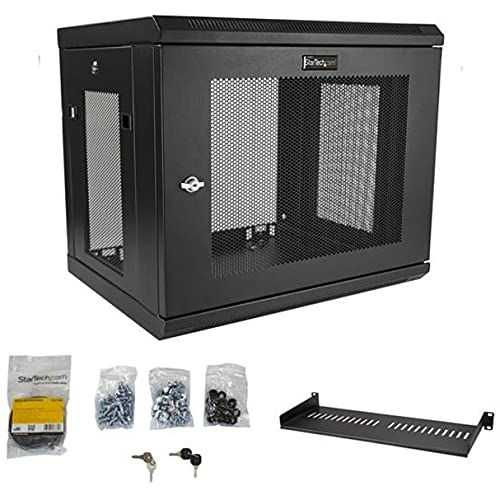 StarTech.com 2-Post 9U Wall Mount Network Cabinet w/ 1U Shelf, 19 Wall-Mounted Server Rack for IT / Data Computer Equipment Depth (6 to 15) Cabinet