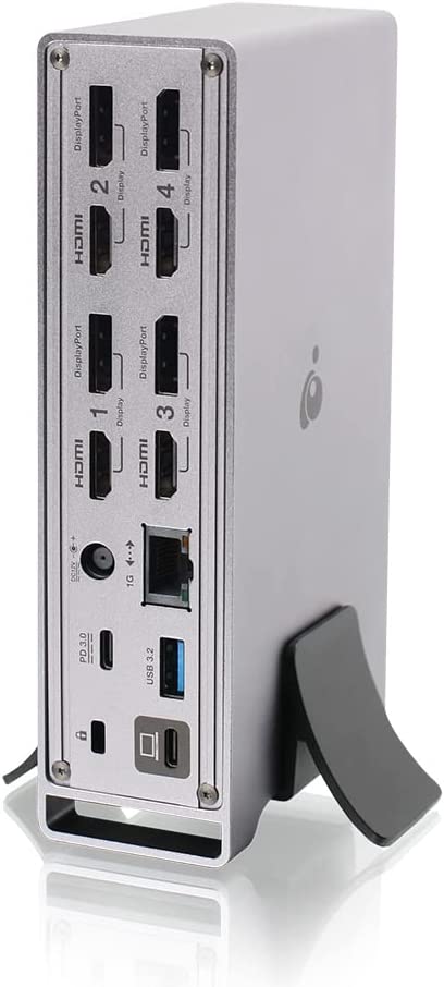 IOGEAR Dock Pro Universal 4K Quad Dock, Displaylink, 4x HDMI and Displayport, 3x USB-A Gen 2, 1x USB-A QC 3.0, 1x USB-C Gen 2 Data, 3.5mm combo audio port, 100W PD Passthrough, 120W adapter - GUD3C4K4