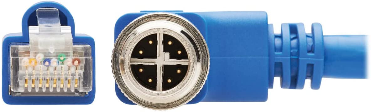 Tripp Lite M12 X-Code Cat6a Shielded Ethernet Cable, Right-Angle M12/RJ45 Cable, 10G F/UTP CMR-LP (M/M), IP68, 60W Power Over Ethernet, Blue, 9.8 Feet / 3 Meters, (NM12-6A4-03M-BL) Right-Angle M12 to RJ45 9.8 ft / 3M