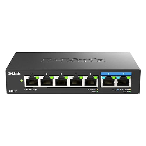 D-Link 7-Port 2.5GB Unmanaged Gaming Switch with 2 x 2.5G, 5 x 10/100/1000 Mbps - Multi-Gig, Network, Fanless, Plug & Play (DMS-107) Black