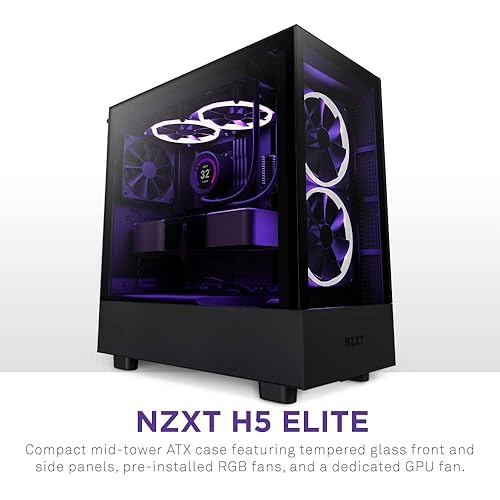NZXT H5 Elite Compact ATX Mid-Tower PC Gaming Case – Built-in RGB Lighting – Tempered Glass Front and Side Panels – Cable Management – 2 x 140mm RGB Fans Included – 280mm Radiator Support – Black
