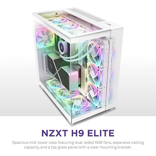 NZXT H9 Elite Dual-Chamber ATX Mid-Tower PC Gaming Case – Includes 3 x 120mm F120 RGB Duo Fans with Controller– Glass Front, Top & Side Panels – 360mm Radiator Support – Cable Management – White