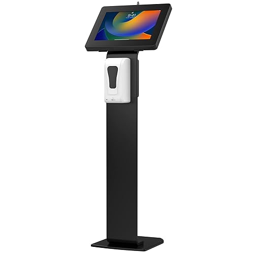 Locking Floor Stand - CTA Premium Locking Floor Stand Kiosk with Automatic Soap Dispenser & Steel Body for iPad Pro 11", Surface Go, Surface Go 3, Galaxy Tab S5E, & More - Black (PAD-PSTTB)