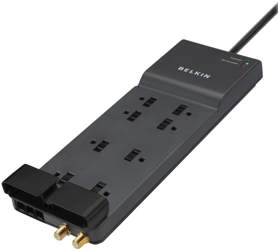 Belkin 8-Outlet Home And Office Surge Protector, Telephone Line And Flat AC Plug, Power Strip, 12ft Cord , Black 12 feet 8-Outlet Power Strip