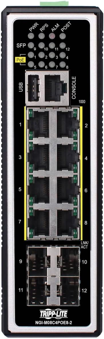 Tripp Lite Industrial 8-Port Managed PoE+ Gigabit Ethernet Switch, 4 SFP GbE Slots, 10/100/1000 Megabit RJ45 Ports, 30W Power over Ethernet, -40° to 167°F Temp Range, 3-Year Warranty (NGI-M08C4POE8-2) Managed PoE+ 8-Port 4 SFP Slots