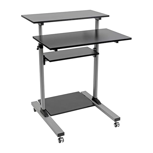 TRIPP LITE Mobile Sit Stand Desk, Height Adjustable Small Rolling Laptop Cart Workstation Workspace, 4 Shelf Storage, Home Office & School, 5-Year Warranty (WWSSRC)