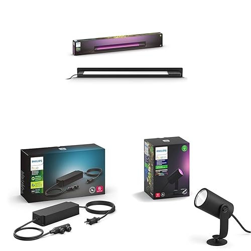 Philips Hue White and Color Ambiance Amarant Outdoor Light Bar - 1 Pack & 100W Outdoor Power Supply, Weather Proof, Black & White and Color Ambiance Lily Outdoor Light Extension, Black Light Bar + Power Supply + Light Extension, Black Amarant