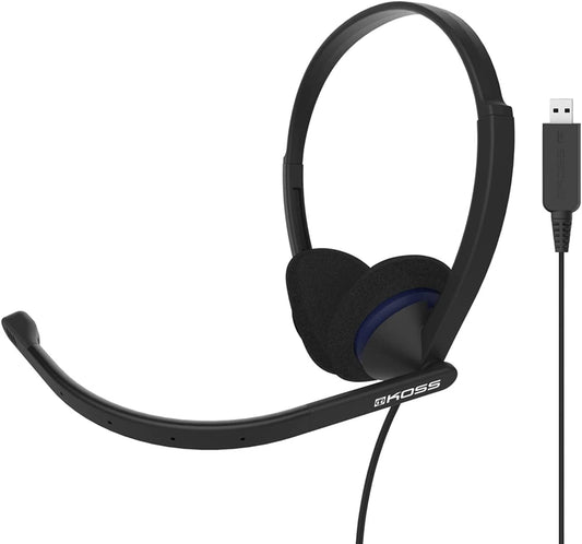 Koss CS200 USB Double-Sided On-Ear Communication Headset, Noise-Cancelling Electret Microphone, Flexible Microphone Arm, Wired with USB Plug, Black