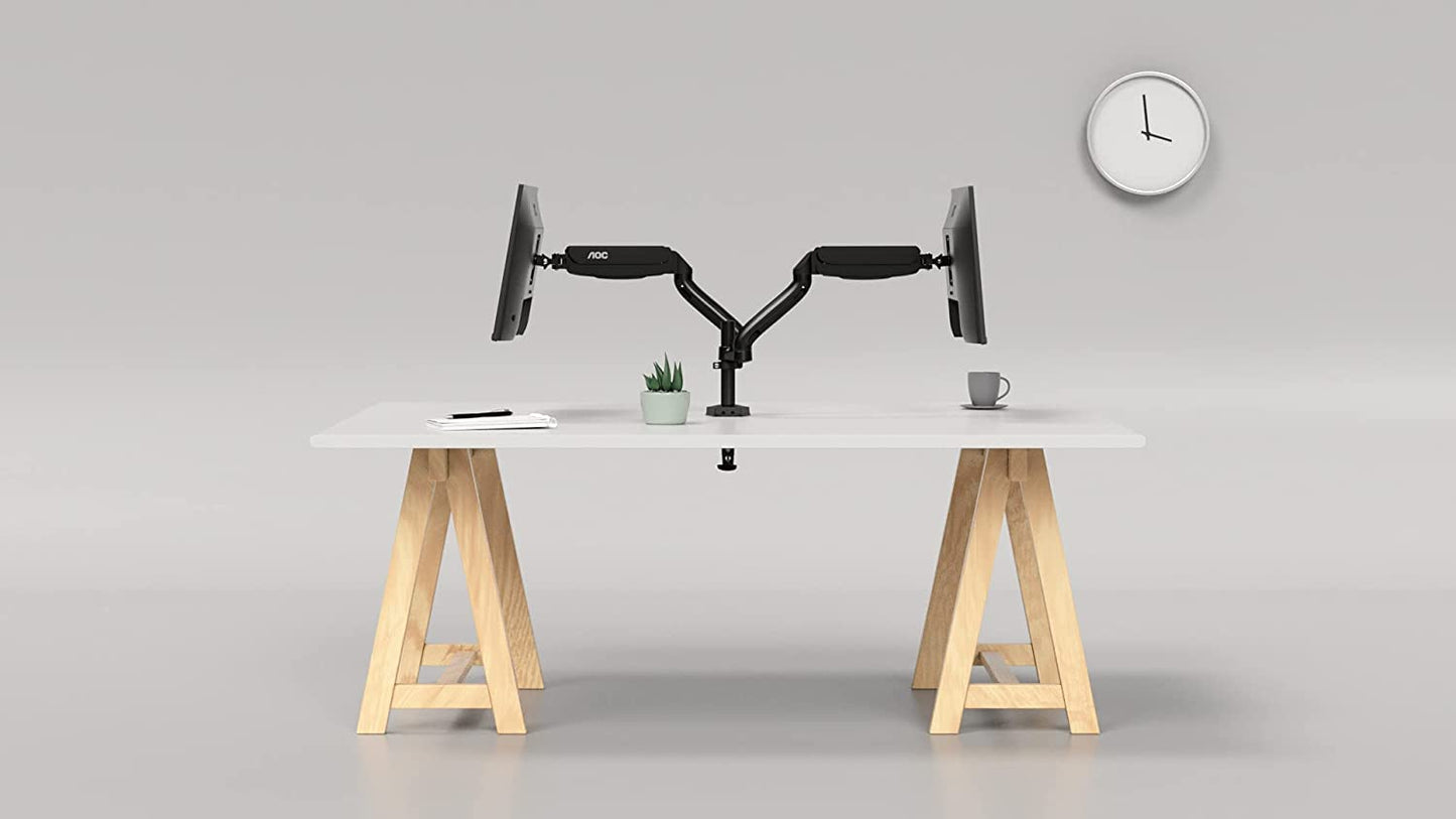 AOC AD110D0 - Dual Computer Monitor Arm Mount, Gas Struts Supporting up to 19.4 lbs and up to 27" on Each arm. Grommet and C-clamp mounts Included. Easy Swivel, tilt, Rotate for Ergonomic Setup.